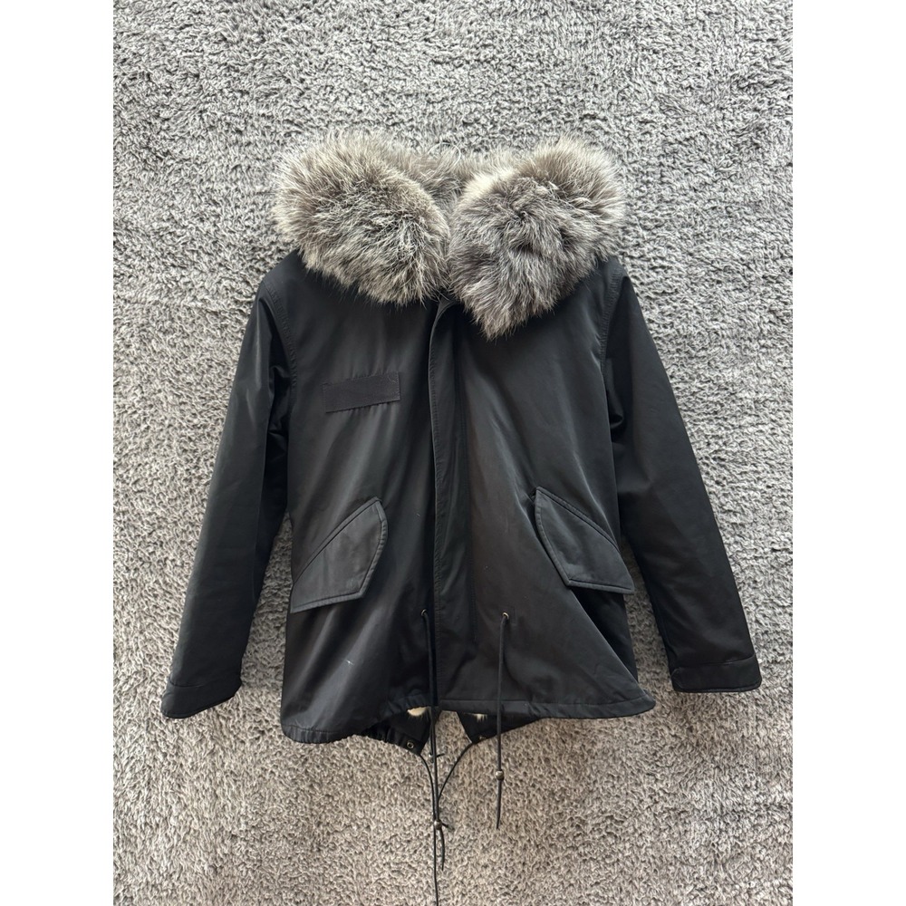 Mr. & Mrs. Italy Fur lined Fox trimmed Hooded Full Zip Parka Jacket in Black M